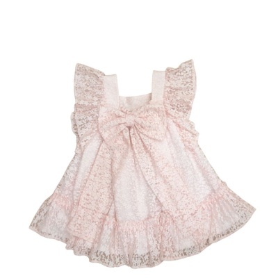 Vestido infantil cor-de-rosa de renda com laço frontal