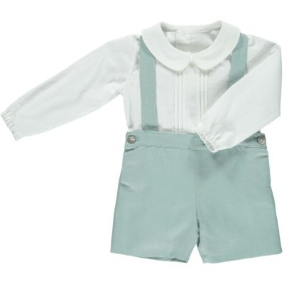 Conjunto infantil camisa branca e calções verdes claros com alças