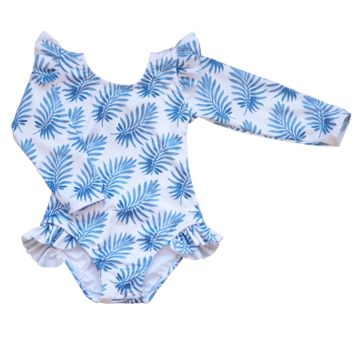 Fato de banho de bebé com padrão de folhas azuis e folhos