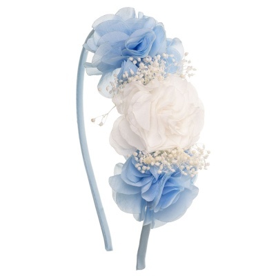 Aro de cabelo com flores azuis e brancas em tecido e detalhes brancos