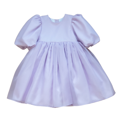 Vestido infantil lilás com manga bufante e saia rodada