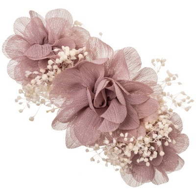 Acessório cabelo flores rosa e ramos brancos artificiais