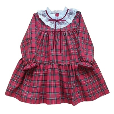 Vestido infantil xadrez vermelho com gola rendada e fita vermelha