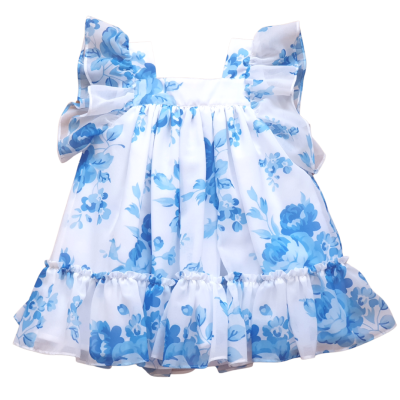 Vestido infantil branco com flores azuis e folhos nas mangas e bainha