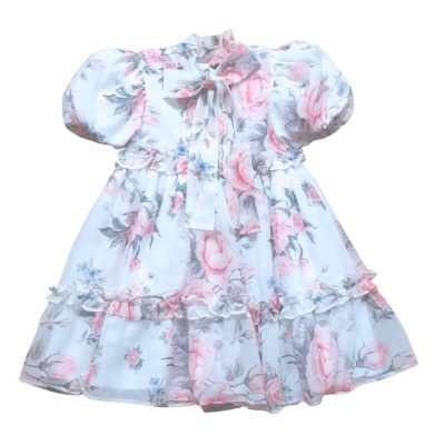 Vestido floral infantil com mangas bufantes e laço na gola