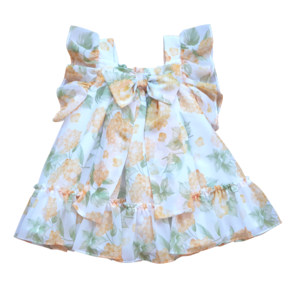 vestido infantil floral com laço frontal e folho na bainha