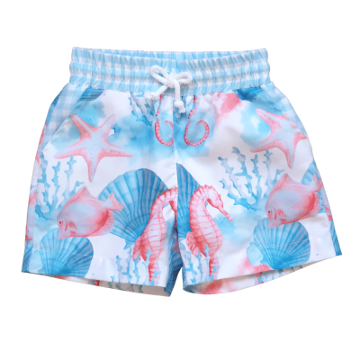 Calções de banho infantis com padrão marítimo azul e rosa