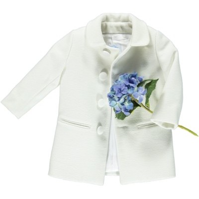 Casaco branco para criança com botões e flor azul