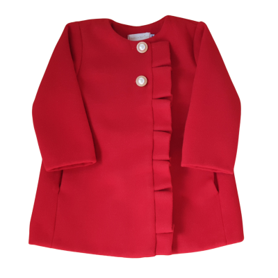 Casaco vermelho para criança com botões brancos e pregas frontais