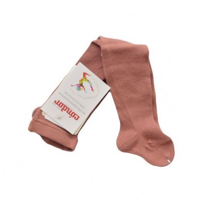Meia-calça rosa claro com etiqueta 'Comfort' e figura colorida