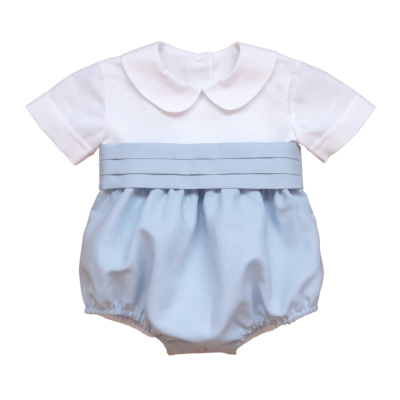 Body bebé branco e azul clara com gola Peter Pan