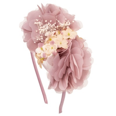 Acessório de cabelo com flores de tecido cor-de-rosa e creme