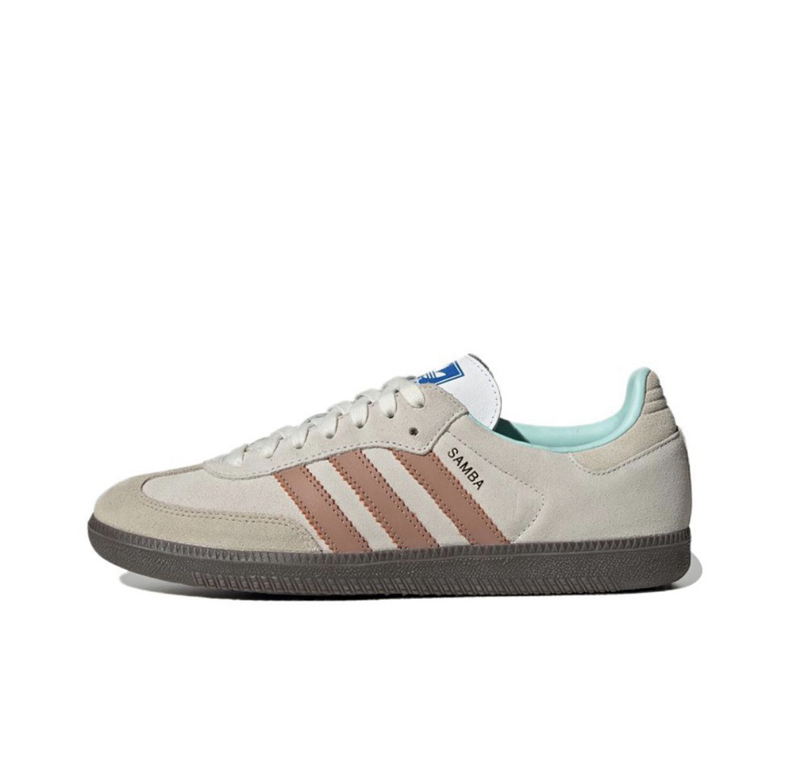 Ténis Adidas Samba bege com riscas rosa e sola castanha