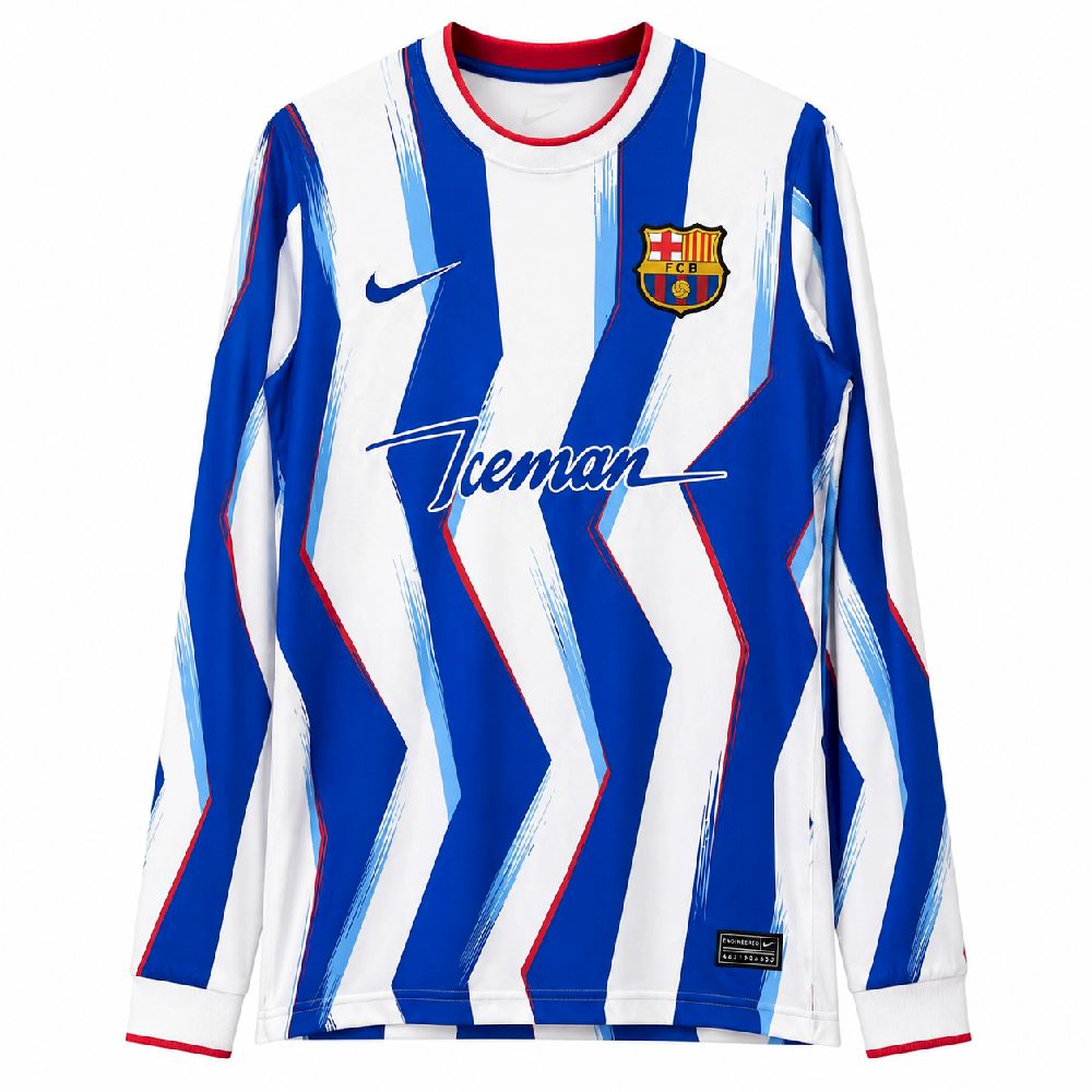 Camisola de futebol FC Barcelona azul e branca com texturas geométricas e manga longa