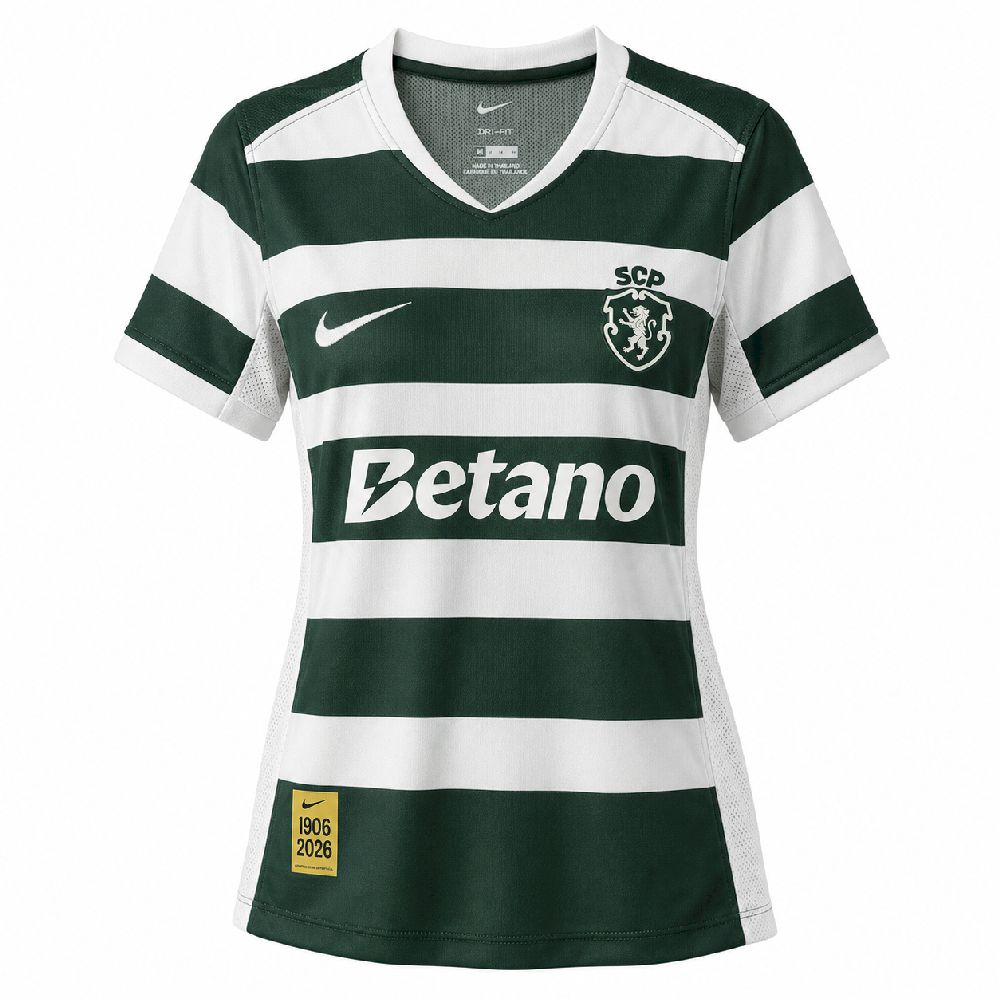 Camisola de futebol verde e branca às riscas com logos SCP e Nike