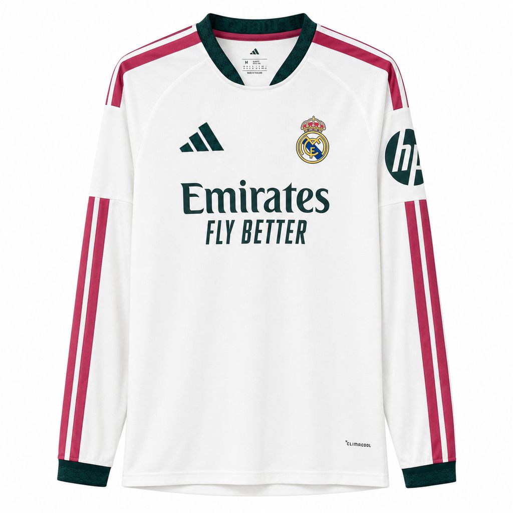 Camisola de futebol branca de manga comprida com detalhes rosa e verde escuro Real Madrid