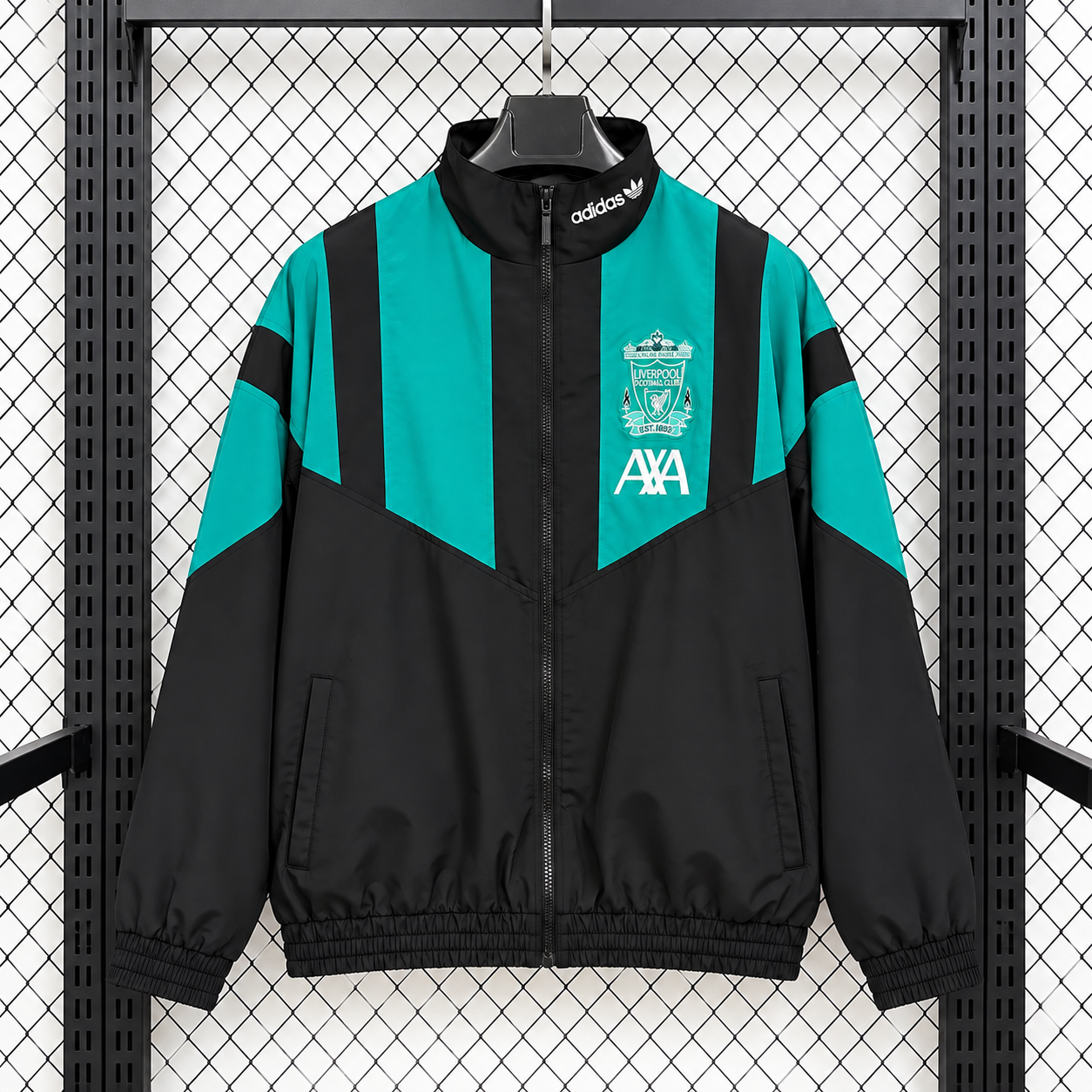 Casaco desportivo preto e azul-turquesa com logo adidas e Liverpool