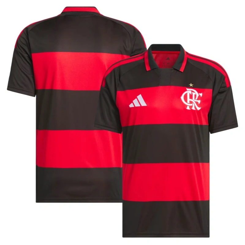 Camisola de futebol Adidas vermelha e preta com emblema CRF e colarinho tipo polo