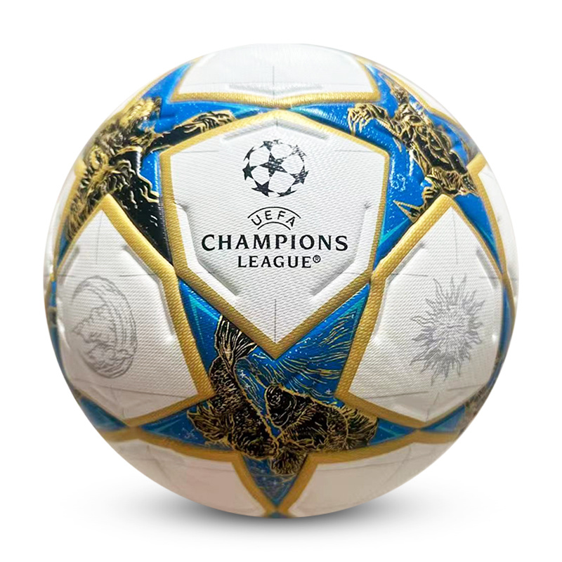 Bola de futebol UEFA Champions League azul, dourada e branca com texto