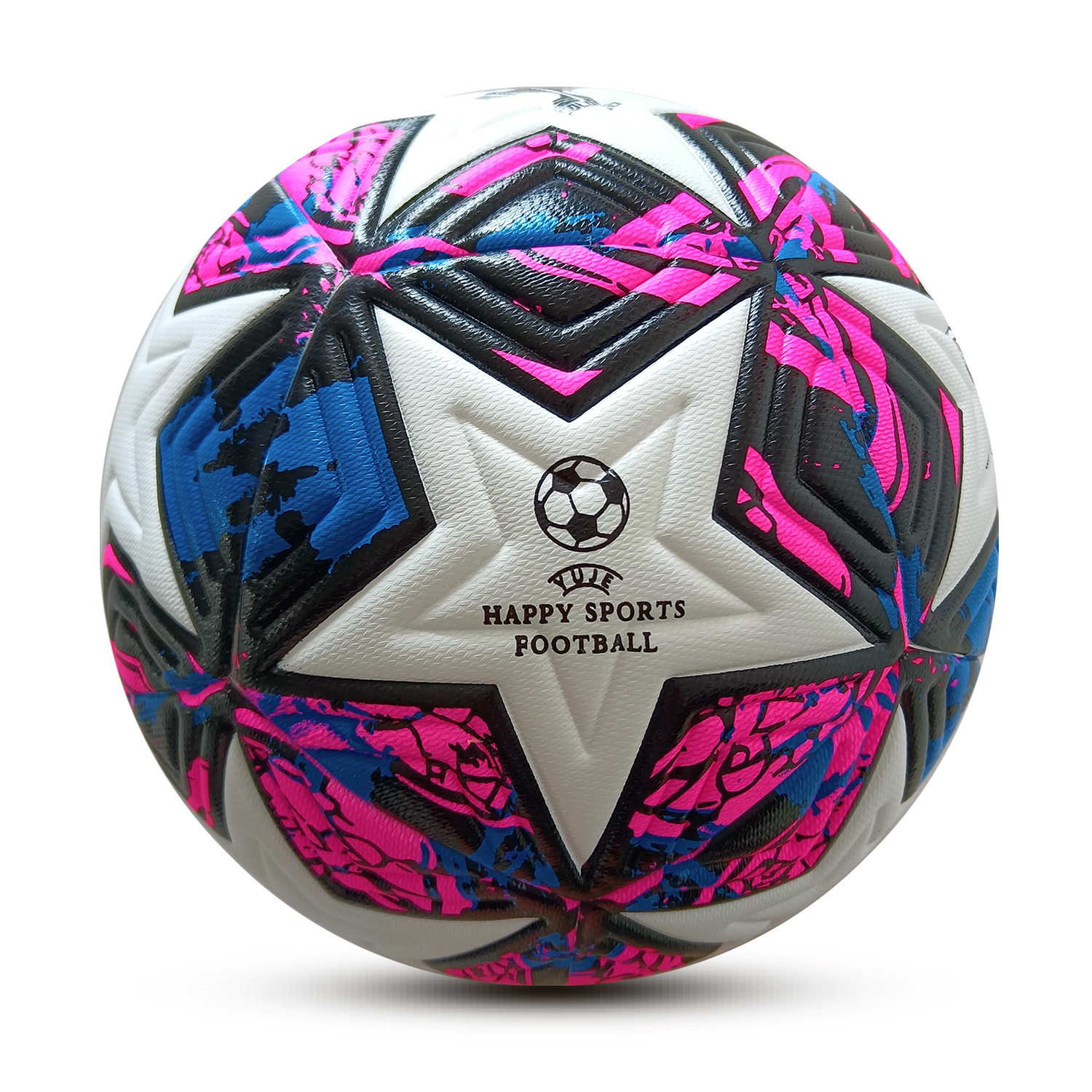 Bola de futebol branca com padrão em forma de estrela em rosa, azul e preto com texto impresso