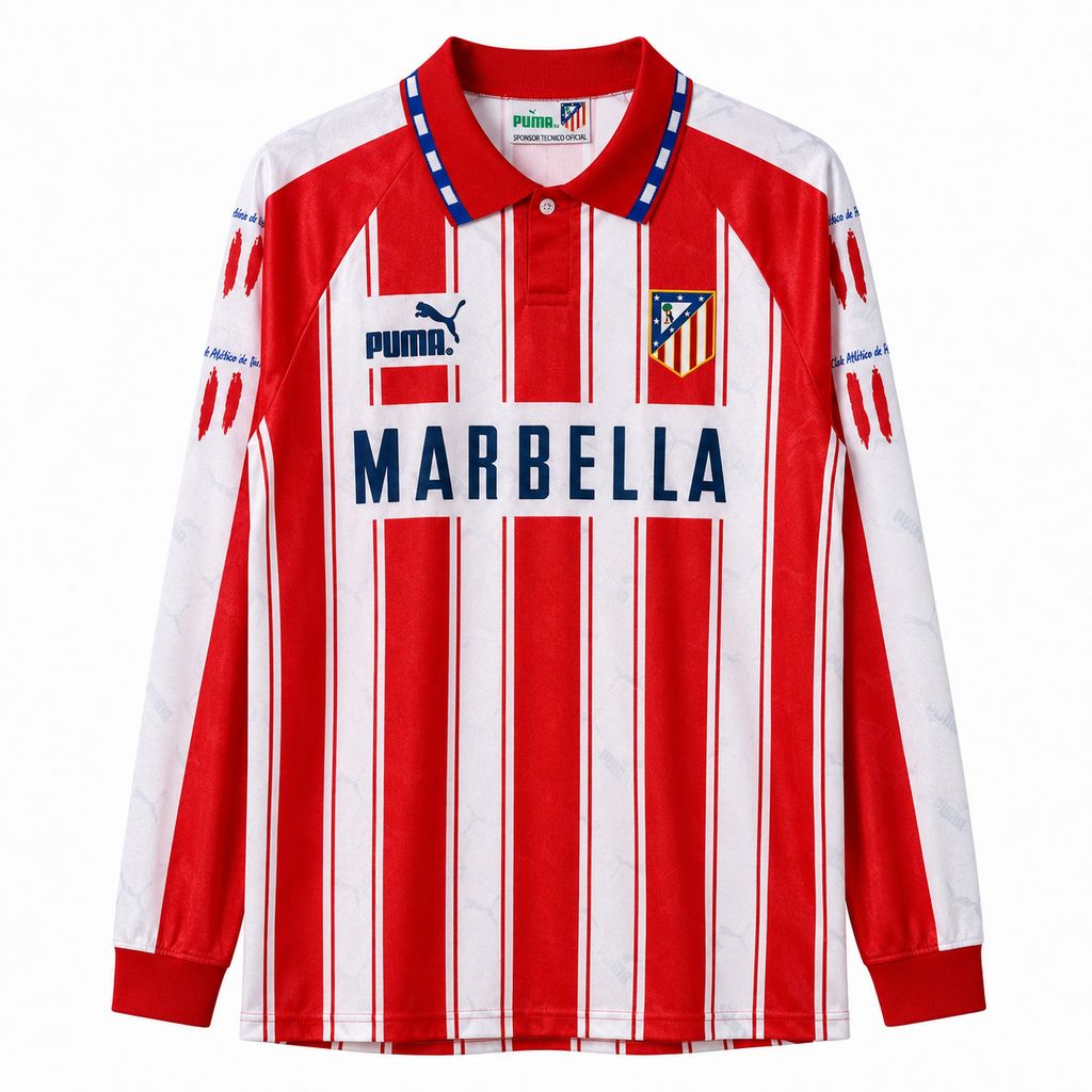 Camisola Retro Atlético de Madrid 1994/95 Home – Manga Comprida – S ao 2XL 🔴⚪
