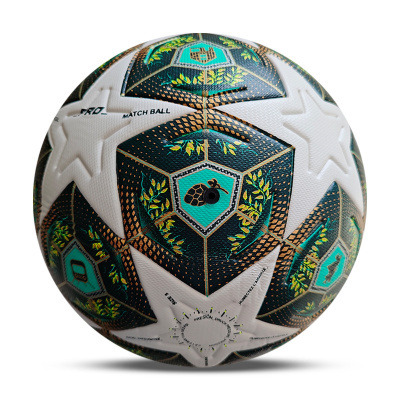 Bola de futebol branca com padrão de estrelas e hexágonos pretos com ramos verdes e azuis
