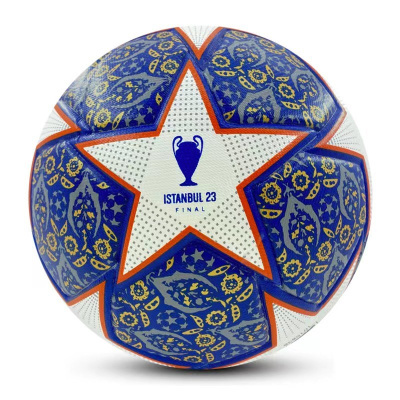 Bola de futebol azul, branco e laranja com texto ISTANBUL 23 FINAL