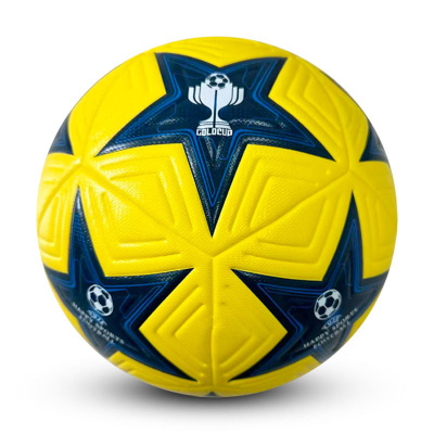 Bola de futebol amarela com estrelas azuis decoradas e texto