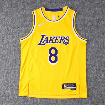 Camisola de basquetebol amarela LAKERS com número 8 e logos Nike e NBA sobre fundo cinzento.