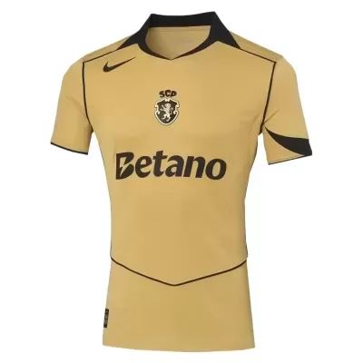 Camisola de futebol dourada com gola preta e logo SCP