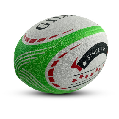 Bola de râguebi branca e verde com texto Gilbert e Since 1966