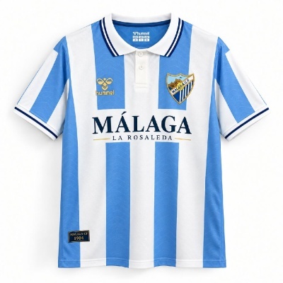 Camisola de futebol do Málaga CF azul e branca com riscas verticais e gola polo