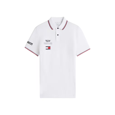 Polo branco com detalhes e logos CADILLAC FORMULA 1 TEAM, TOMMY HILFIGER e PIRELLI