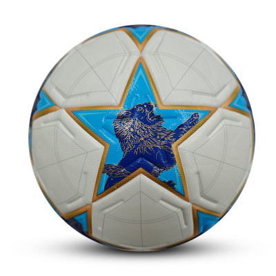Bola de futebol branca com desenho de estrela azul e leão