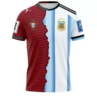 T-shirt desportiva meia vermelha com símbolo português e meia azul e branca com emblema argentino