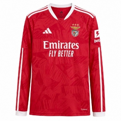 Camisola de futebol vermelha e branca do Benfica de manga comprida