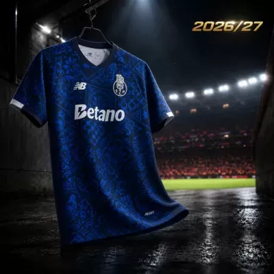 Camisola de futebol azul do FC Porto para 2026/27 com padrão floral e geométrico pendurada num cabide em túnel de estádio