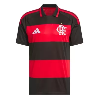 Camisola de futebol vermelha e preta com logótipos Adidas e Flamengo