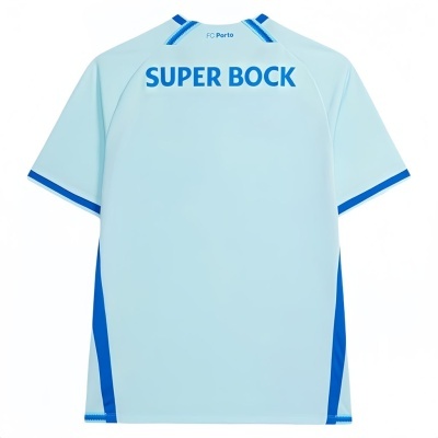 Camisola de futebol azul clara com texto SUPER BOCK e FC Porto nas costas