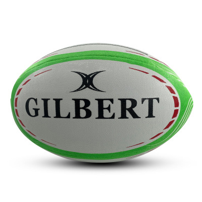 Bola de rugby branca GILBERT com detalhes verdes e vermelhos