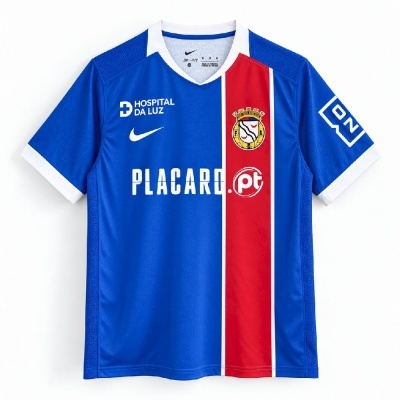 Camisola de futebol azul com faixa vermelha e detalhes brancos