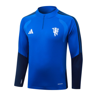 Camisola desportiva azul de manga comprida com fecho no colarinho e logos brancos.