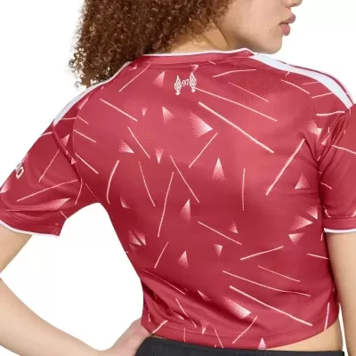 Camisola desportiva vermelha feminina com padrão geométrico branco e logótipos