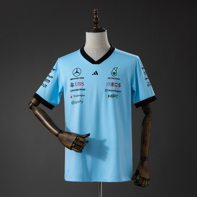Camisola azul clara com logos de várias marcas exibida num manequim