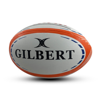 Bola de rugby branca e laranja com o logo GILBERT