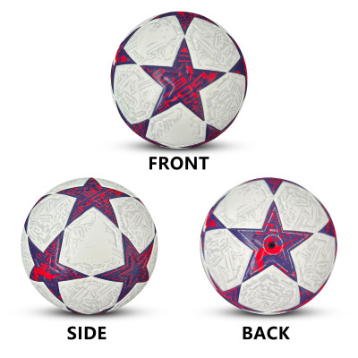 bola de futebol com estrelas azuis e vermelhas e texto SIZE 5