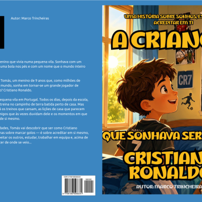 Capa de livro com ilustração de menino e pôsteres de Cristiano Ronaldo, título e texto em português