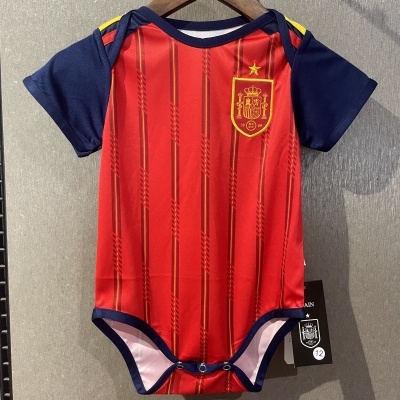 Body para bebé inspirado na camisola de futebol da seleção de Espanha com padrão listrado vermelho e azul