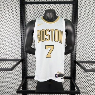 Camisola de basquetebol branca com texto Boston e número 7