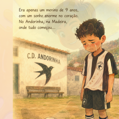 Menino triste com uniforme de futebol e bola junto ao muro com texto C.D. ANDORINHA